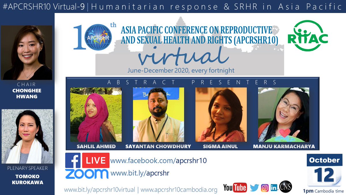 Join us on 12 Oct. in #APCRSHR10 Virtual on Humanitarian response & #SRHR in Asia Pacific

CHAIR: @ChongheeH of @FP2020Global

PLENARY SPEAKER: Tomoko Kurokawa of @UNFPAasia

ABSTRACT PRESENTERS
* Sahlil Ahmed
* Sayantan Chowdhury
* Sigma Ainul
* @majurya

apcrshr10cambodia.org/apcrshr10-virt…