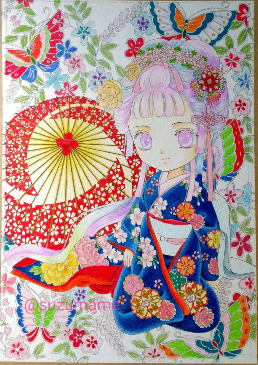 鈴豆 まめたん アナログイラスト オリジナルイラスト 色鉛筆画 イラスト進捗 これだけ顔デカにしてても髪飾りが泣きそうです 昼間と日中の気温差なのか鼻水が