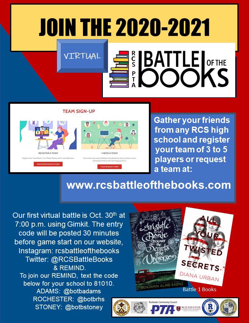 AdamsPTSA's tweet image. Start reading and pick your partners for this year’s battle! Battle of the Books has the first virtual battle on Oct. 30 at 7 p.m. To join the REMIND notifications, text @botbadams to 81010.