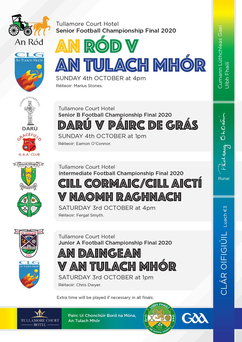 This weekend, we'll have one programme incorporating the 4 football finals in O'Connor Park. 

Any collectors, etc, who wish to purchase one please send us a direct message.