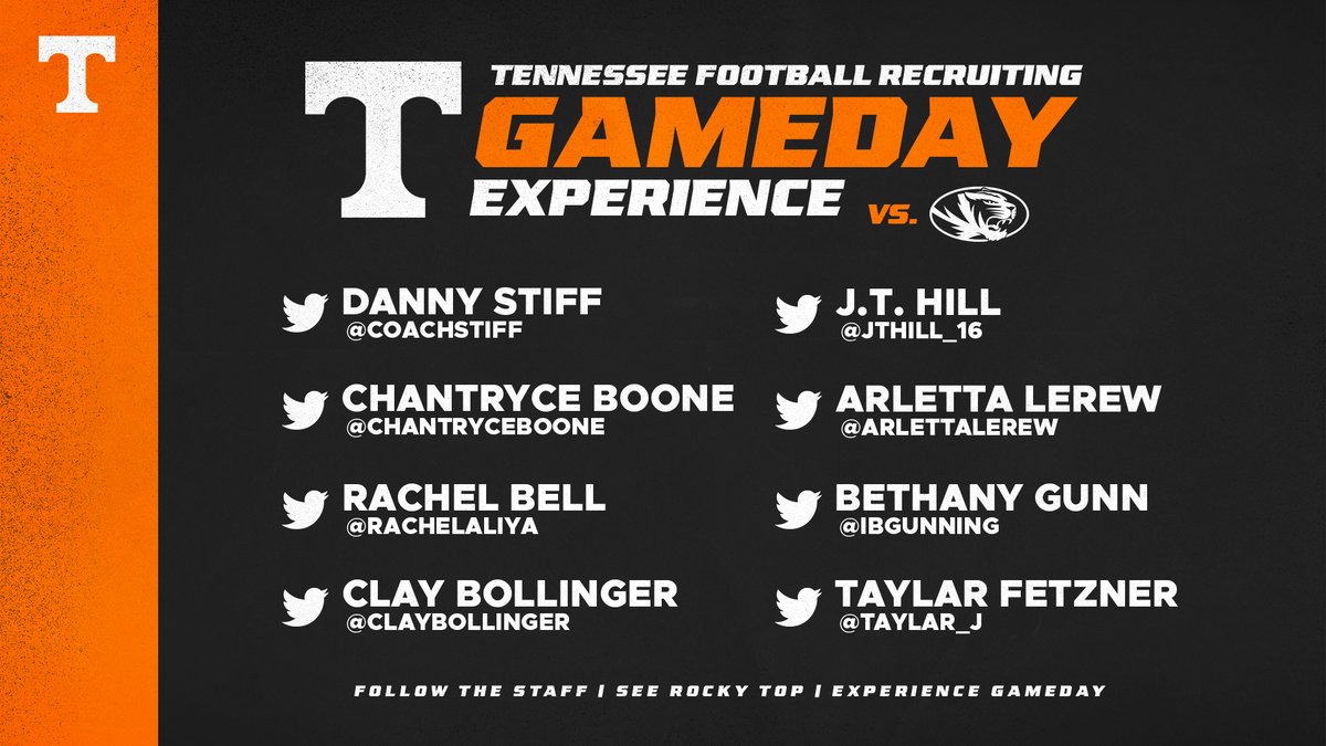 Tennessee Football (@vol_football) on Twitter photo 🚨 RECRUITS 🚨
We wish you were with us today, but don't worry. Our recruiting staff has you covered!
Follow them for an exclusive gameday experience!
<a href="/CoachStiff/">Danny Stiff</a>
<a href="/JTHill_16/">JT Hill</a>
<a href="/ChantryceBoone/">Chantryce Boone</a>
<a href="/RachelAliya/">Rachel Bell</a>
<a href="/arlettalerew/">Arletta</a>
<a href="/iBGunning/">BENGI</a>
<a href="/ClayBollinger/">Clay Bollinger</a>
<a href="/Taylar_J/">Taylar J.</a>
#PoweredByTheT 🚨 RECRUITS 🚨
We wish you were with us today, but don't worry. Our recruiting staff has you covered!
Follow them for an exclusive gameday experience!
<a href="/CoachStiff/">Danny Stiff</a>
<a href="/JTHill_16/">JT Hill</a>
<a href="/ChantryceBoone/">Chantryce Boone</a>
<a href="/RachelAliya/">Rachel Bell</a>
<a href="/arlettalerew/">Arletta</a>
<a href="/iBGunning/">BENGI</a>
<a href="/ClayBollinger/">Clay Bollinger</a>
<a href="/Taylar_J/">Taylar J.</a>
#PoweredByTheT