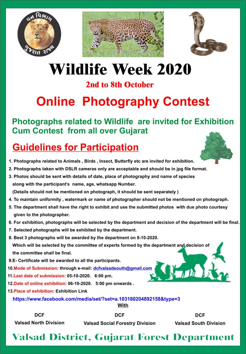 Open invitation to all to participate in Online Photography Contest the celebration of Wildlife Week - 2020. Please refer the detailed instruction in above photo.
Send your photos to email id: dcfvalsadsouth@gmail.com
Online Exhibition Link:
facebook.com/media/set/?set…
<a href="/GujForestDept/">GujaratForestDept</a>