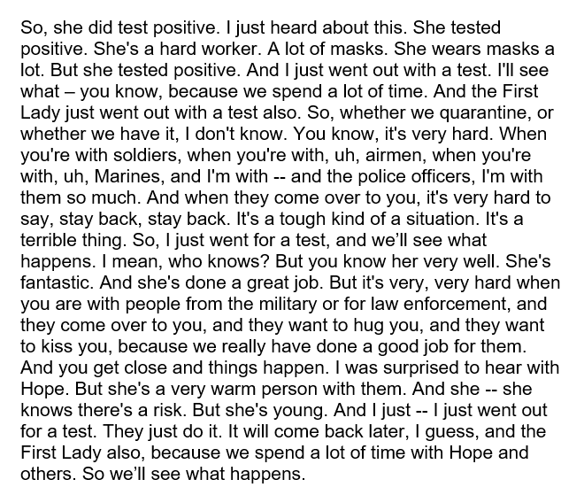 ddale8's tweet photo. Here's the transcript of Trump's comments to Hannity last night about aide Hope Hicks testing positive. https://t.co/0JdrtXva2i