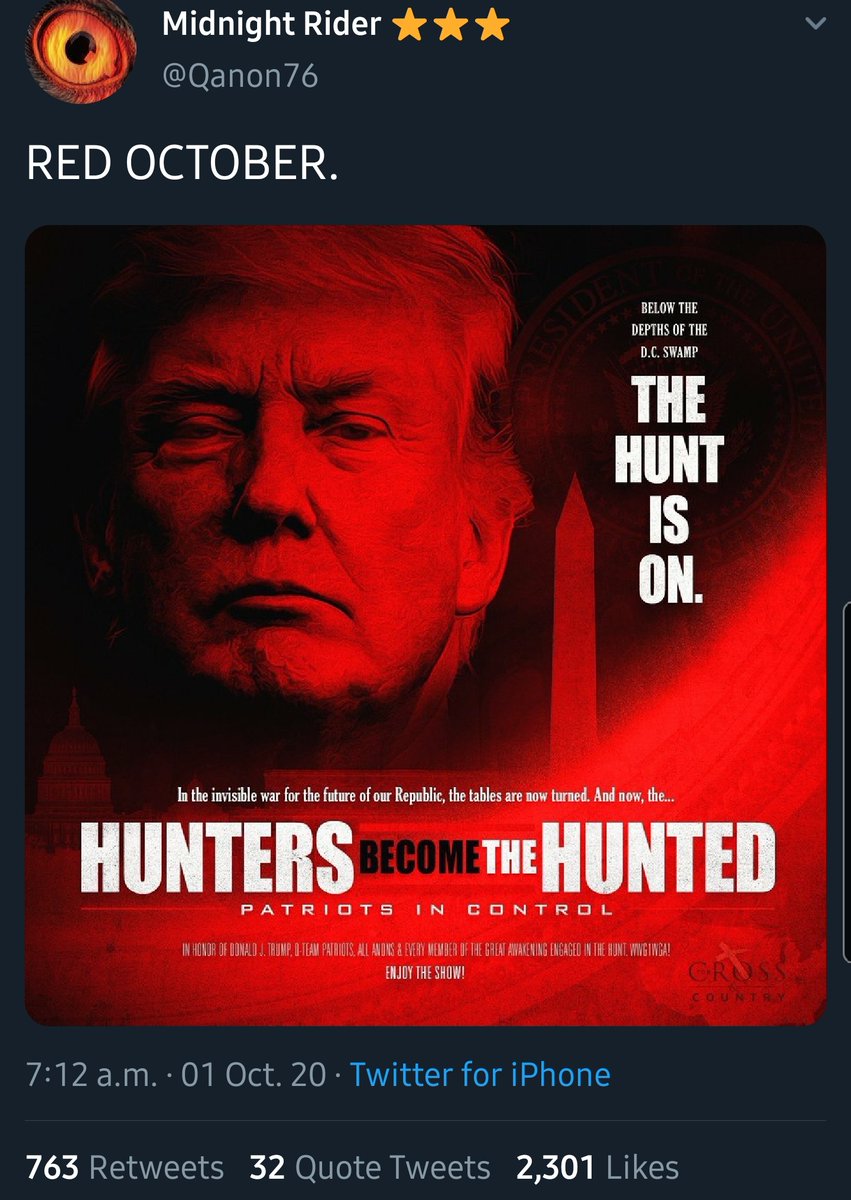 4/ The pop culture reference they are using for this is "the hunt for red October". I have written back in may that QAnon is a hyper-real religion i.e. "a religion with significant popular culture content" that forms the base of its ideology.  https://religiondispatches.org/in-the-name-of-the-father-son-and-q-why-its-important-to-see-qanon-as-a-hyper-real-religion/
