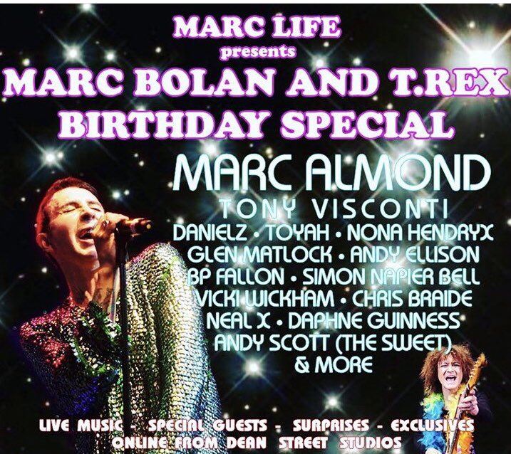 TRextasyBand's tweet photo. ‘The Marc Bolan ONLINE only Birthday Gig’ will be repeated tomorrow - Saturday 3rd October - at 4pm U.K. time. Go to: https://t.co/UbnA9TrCp1 for tickets/code! #marcbolan #trex #marcalmond #onlinegig #streaminggig #livemusic #rock #pop #glam @BolanHistory @MarcBolan1977 #RT https://t.co/HYTI6LC688