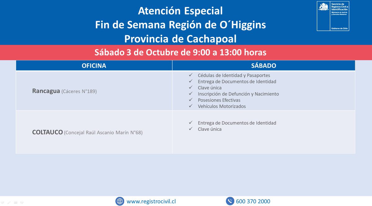 ATENCIÓN!!! Se informa atención especial para este sábado 3 de octubre en las comunas de Rancagua y Coltauco.  Revisa cuáles son los trámites que podrás realizar.  Te esperamos.