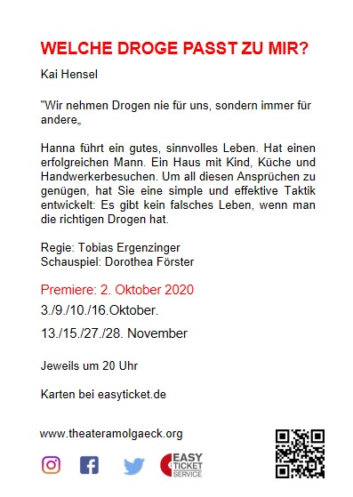 Heute Abend gibt es wieder eine Premiere bei uns! Start 20 Uhr. 

Von Kai Hensel
Welche Droge passt zu mir? 

Mehr Infos:
Theateramolgaeck.org 

🚨🚨🚨

#Stuttgart #Theater #Kultur #Theatertwitter