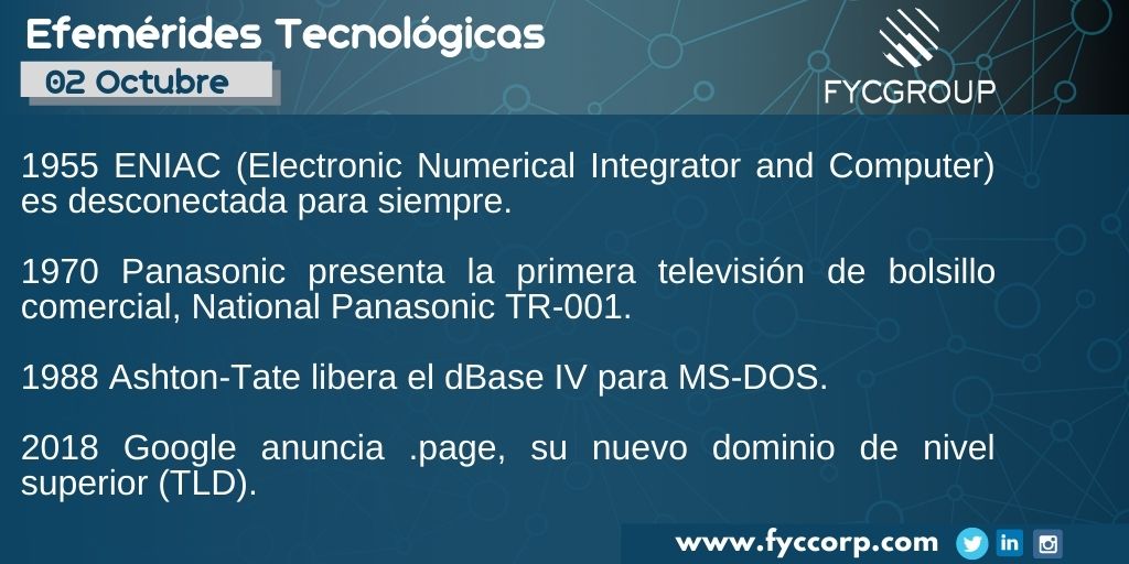 fycgroup's tweet photo. Tal día como hoy
#QuedateenCasa #EfemeridesTecnologicas #EfemeridesOctubre
#ElectronicNumericalIntegratorAndComputer #PanasonicTR001 #Tv #AshtonTate #BasesDeDatos #SQL #SQLServer #dBaseIV #MSDOS #GooglePage #GoogleTLD #TeleTrabajo
#AtencionRemota #FycGroup #Fyccorp #FYC https://t.co/uCNCisxcVA