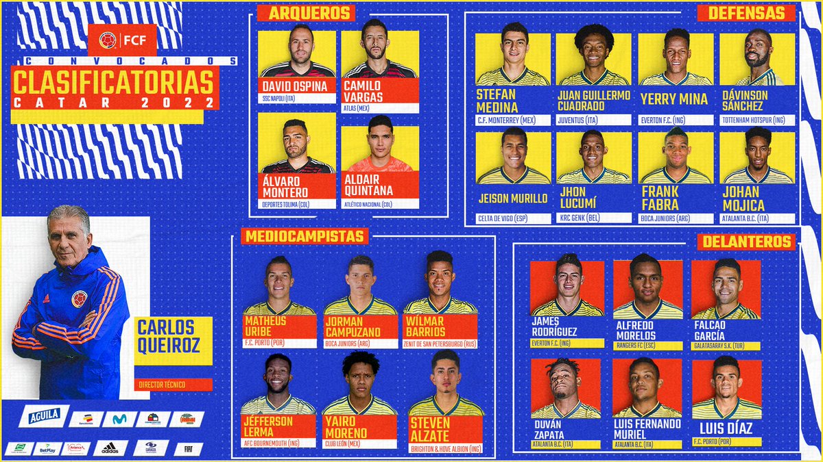 📝👉🏻  Conoce los convocados por @Carlos_Queiroz para nuestro debut en las Clasificatorias a la Copa Mundial de la FIFA Catar 🇶🇦 2022 

#PorColombiaTodos 🛫🌍
#VamosColombia 🇨🇴