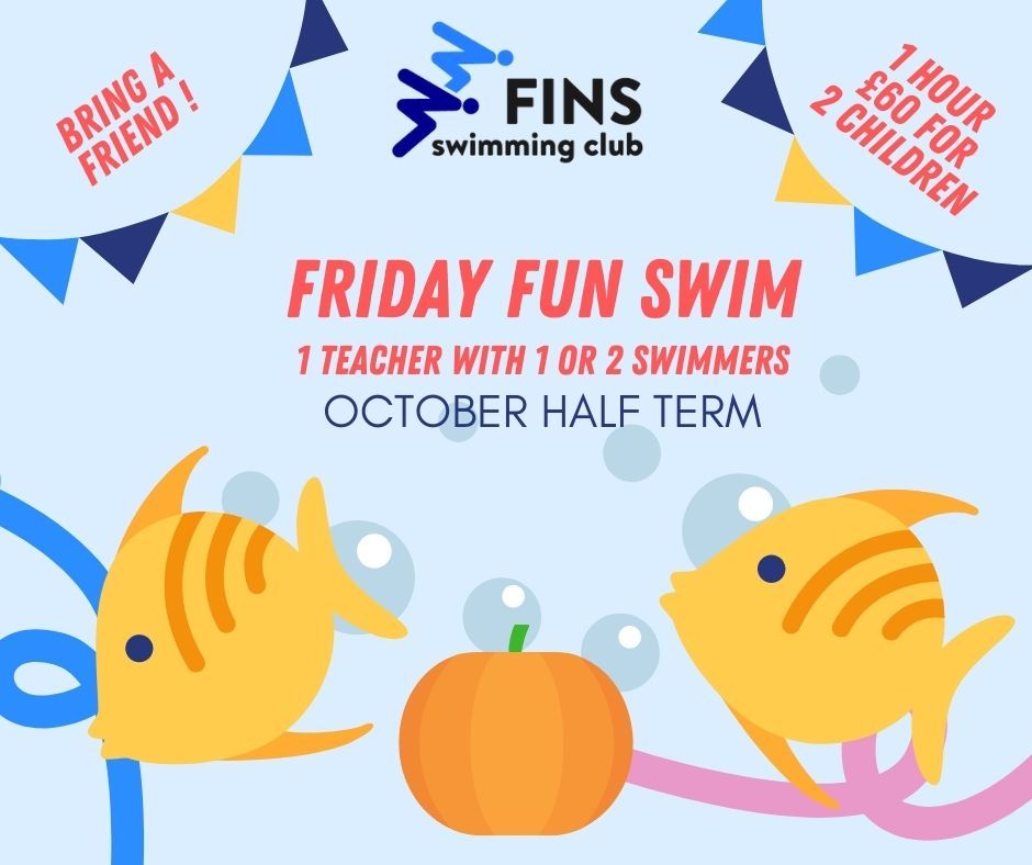 FinsSwimClub's tweet photo. Half Term, Fri 30th Oct, celebrate Halloween at Kings, Camberley! Bring a friend for either 1/2 hour or 1-hour session with 1 of our top teachers! 1/2 hour session for 2 =£30,  1-hour session for 2 =£60, 1/2 hour session for 1 =£20
More info &amp; book https://t.co/Xbs6KiMU5A https://t.co/3kq0D0SDMc