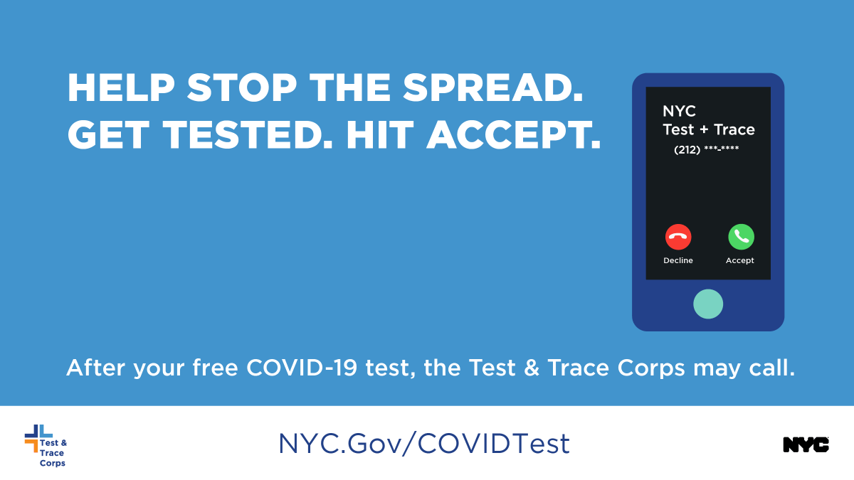 Graphic shows an animated mobile phone. Logo of NYC Test & Trace Corps.