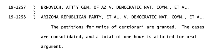 Oh no. SCOTUS just agreed to hear a case that the conservatives could use to end the Voting Rights Act as we know it.  https://www.supremecourt.gov/orders/courtorders/100220zr_7l48.pdf
