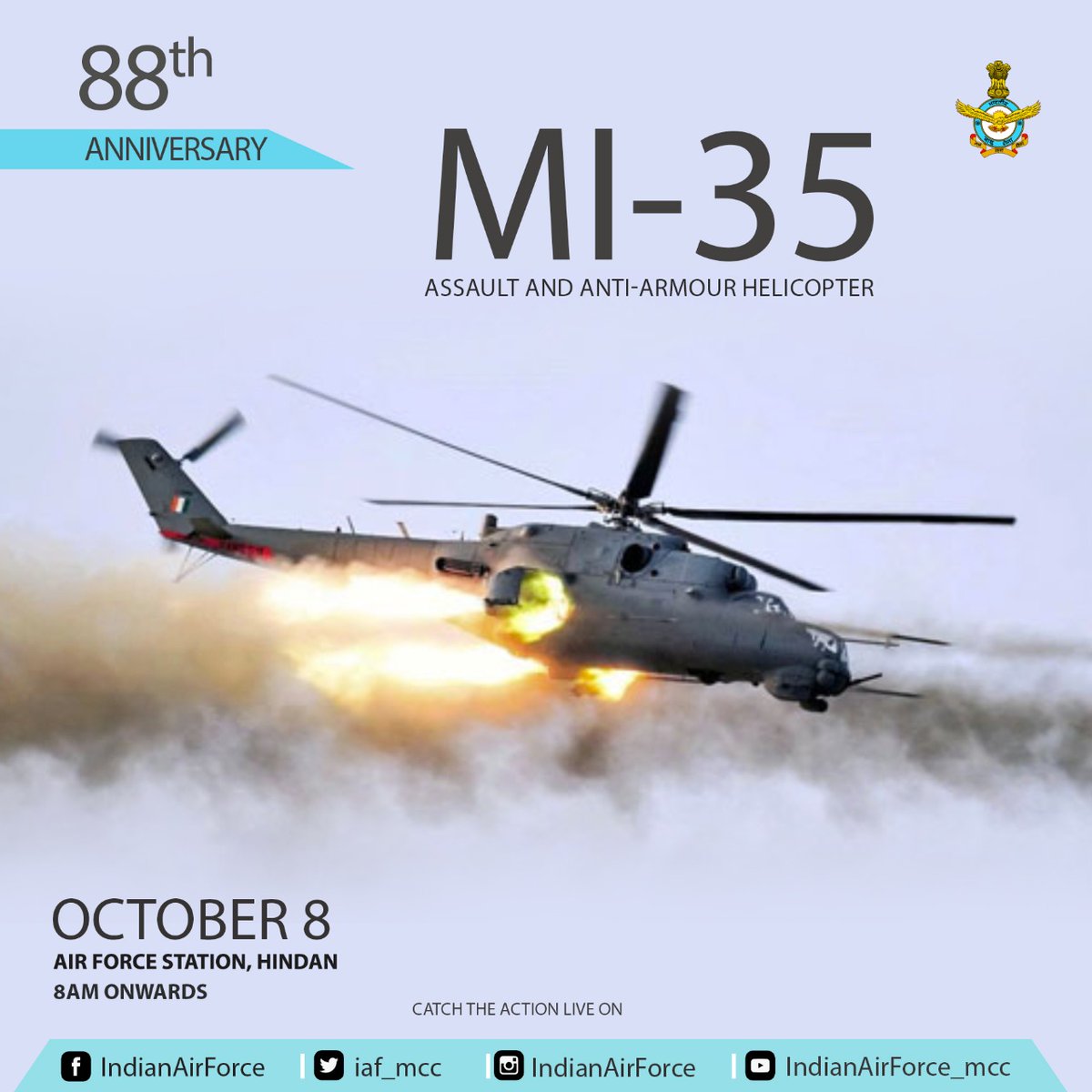 #AFDay2020: Mi-35 - The Mi-35 is a twin-engine turboshaft, assault, anti-armour helicopter capable of carrying 8 men assault squad with four-barrel 12.7 mm rotary gun in nose barbette and upto 1500 kg of external ordnance including Scorpion anti-tank missiles.
#KnowTheIAF