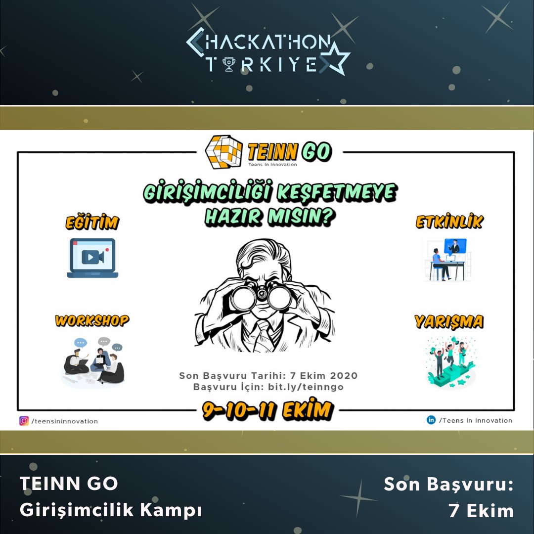turkeyhackathon's tweet photo. TEINN GO Girişimcilik Kampı (Online)

🔜 Son Başvuru: 7 Ekim 

Girişimciliği keşfetmeye hazır mısın! Liselilere özel düzenlenen online girişimcilik kampı TEINN GO'ya sen de davetlisin!

Başvuru: https://t.co/rkO0UT7X6H

#entrepreneurship #hackathons #hackathontürkiye #teinn https://t.co/oKw8zC6ECG