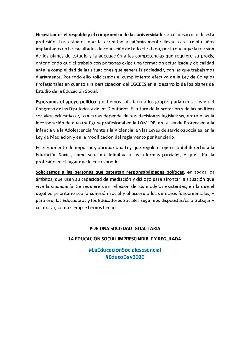 NAGIHEOCOEESNA's tweet photo. ➡️ Hoy es el Día de la #EducaciónSocial ¿Has leído ya el manifiesto del CGCEES? 📃

POR UNA SOCIEDAD IGUALITARIA
LA #EducaciónSocial IMPRESCINDIBLE Y REGULADA
#LaEducaciónSocialesesencial
#EdusoDay2020 https://t.co/KdTmW71GBW