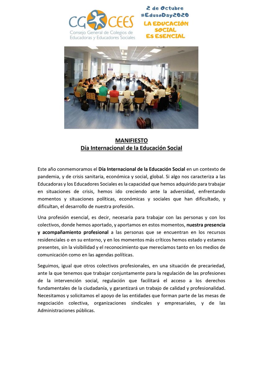 NAGIHEOCOEESNA's tweet photo. ➡️ Hoy es el Día de la #EducaciónSocial ¿Has leído ya el manifiesto del CGCEES? 📃

POR UNA SOCIEDAD IGUALITARIA
LA #EducaciónSocial IMPRESCINDIBLE Y REGULADA
#LaEducaciónSocialesesencial
#EdusoDay2020 https://t.co/KdTmW71GBW