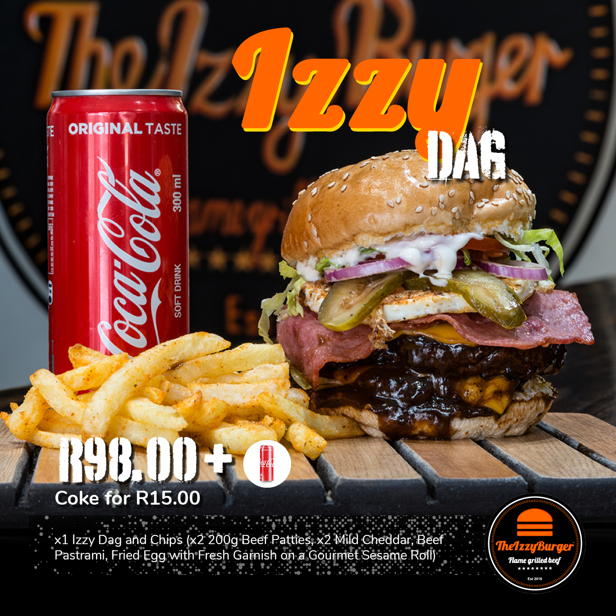 Hunger buster! It doesn’t get better than a dagwood! x1 Izzy Dag and Chips (x2 200g Beef Patties, x2 Mild Cheddar, Beef Pastrami, Fried Egg with Fresh Garnish on a Gourmet Sesame Roll)