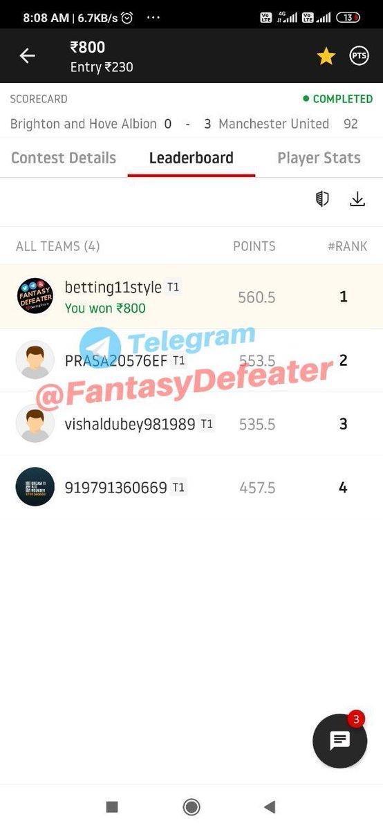 FantasyDefeater's tweet photo. 🔰 Manchester UNITED vsBHA⚽️ 🔰
Football match 🌀

↪️ Point : 560.5 ✔️
Cleansweep upto MINI GL

♻️Join : https://t.co/Y0wEAzyvPP ✔️

#Dream11IPL #Dream11 #winnings #Cricket #football https://t.co/S2DJMWp546