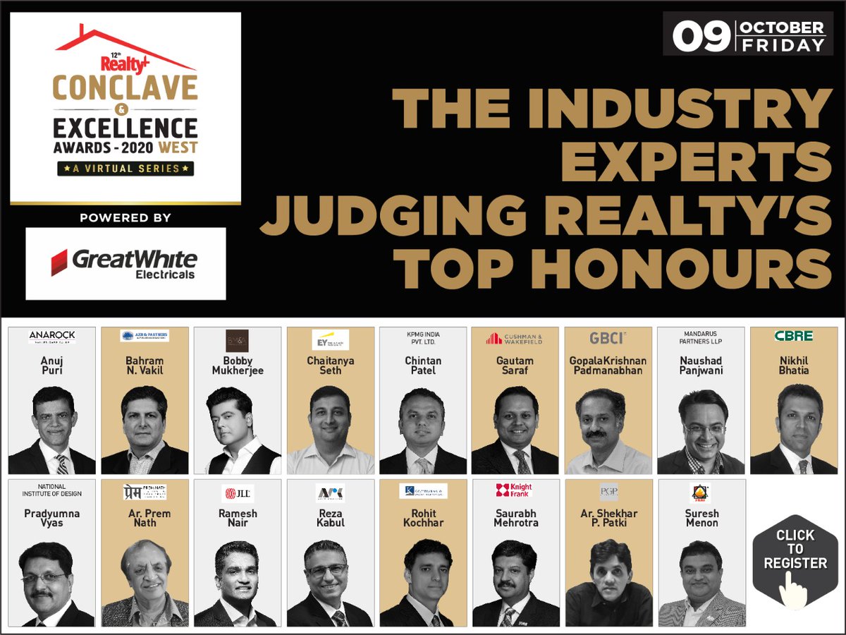 RPRealtyPlus's tweet photo. Presenting our eminent panel of experts who will be judging the nominees of the 12th Realty+ Excellence Awards WEST 2020 Virtual Edition!
To RSVP: https://t.co/5jCQyVAr3P
#RPWest #RealtyPlus #WEST #Mumbai #Maharashtra #NaviMumbai #Pune #Nashik #Goa #Gujarat https://t.co/4arGTgCMJE