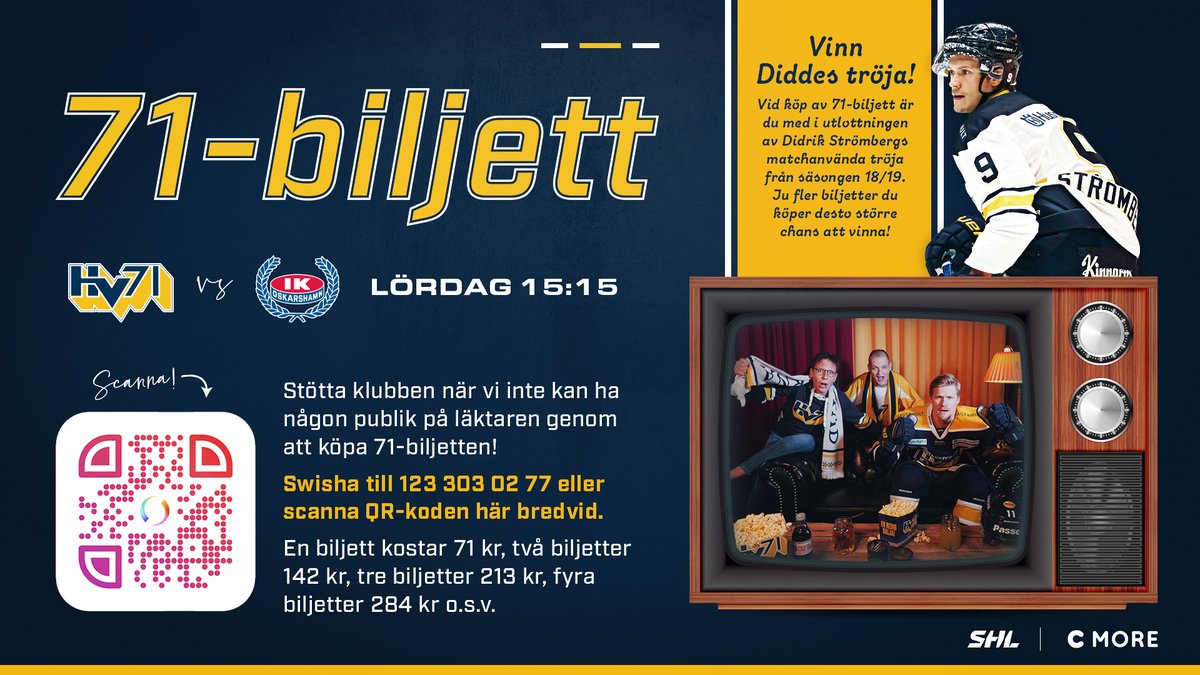 Ny viktig match imorgon! Stöd klubben med en 71-biljett. I dagsläget har vi sålt 450 biljetter till matchen men har en bit kvar till Leksand notering på 8000 biljetter eller Frölundas 3000. Swisha på 123 303 02 77 eller scanna QR-koden i bilden. Tack för ditt stöd! 💛💙 #HV71