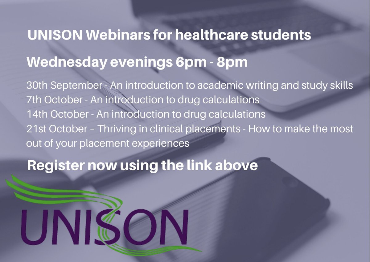 UNISONStudentNN's tweet photo. Our next free webinar teaching event is:

DRUG CALCULATIONS for nursing, midwifery &amp; healthcare students!  

Weds 7th Oct 6pm to 8p . Enrol here: https://t.co/F0QkazbUFm 

See you there! @unisontheunion @UNISONOurNHS https://t.co/k8v5Olv5em
