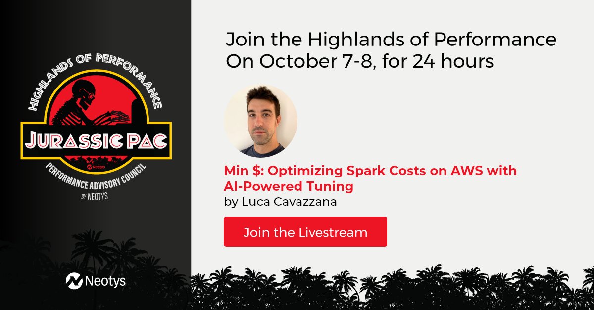 Neotys's tweet photo. 🦖 Glad to present our new Performance Explorer: Luca Cavazzana for the #Neotys #JurassicPAC. 🌍 On October 7 (6:45 pm - 7:30 pm CEST), he will focus on “Min $: Optimizing Spark Costs on AWS with AI-Powered Tuning”. Want to know more? Join us👉 https://t.co/9UjBUp2hs8 https://t.co/8Vb25dFPks