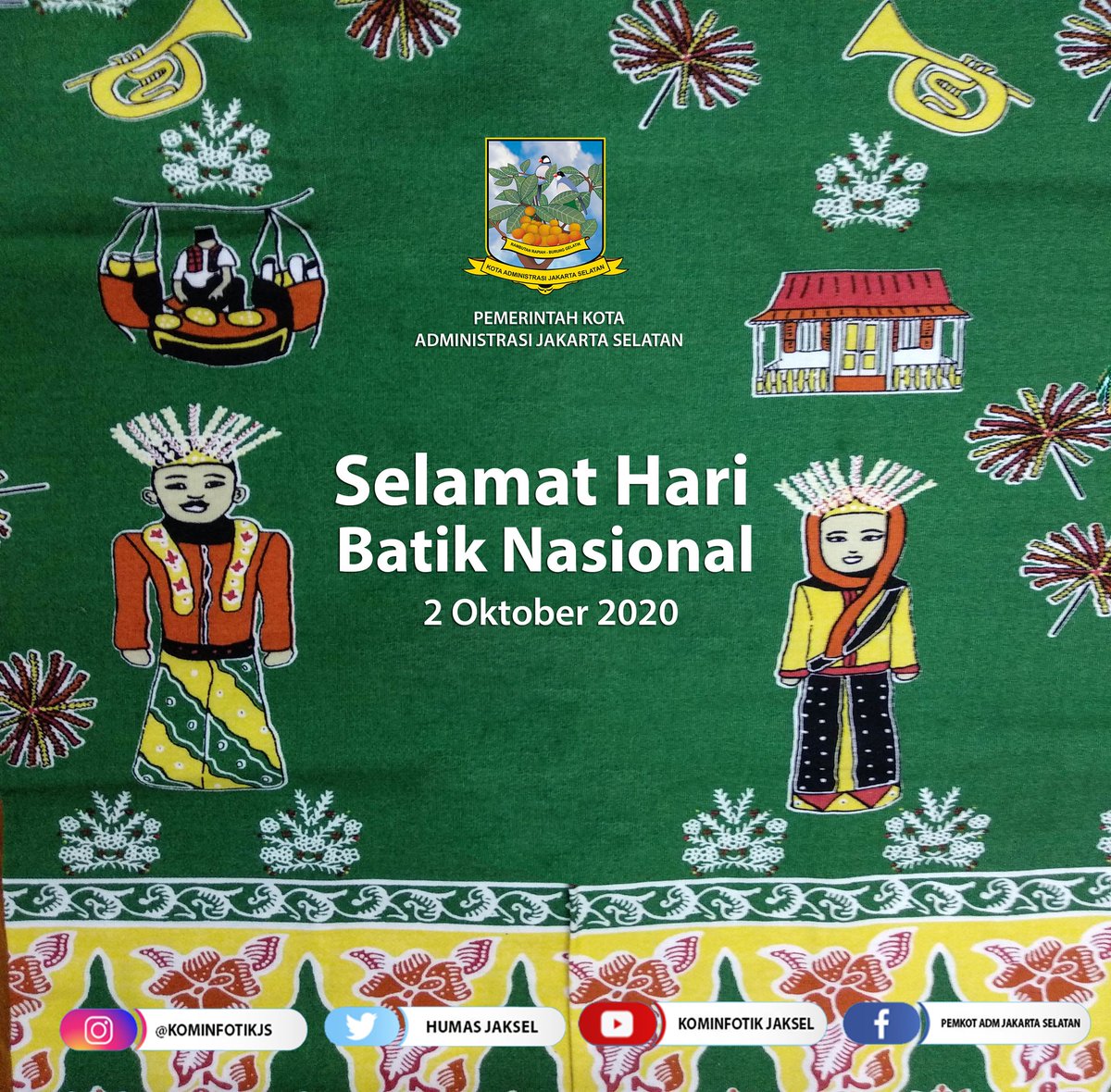 KotaJaksel's tweet photo. Selamat Hari Batik Nasional
2 Oktober 2020
Hari Batik Nasional ditetapkan pada 2 Oktober, karena tepat pada 2 Oktober 2009 atau sebelas tahun yang lalu, Batik masuk dalam daftar Warisan Budaya Takbenda (WBTb) UNESCO.
#haribatiknasional #batikindonesia #batikwarisanbudaya https://t.co/97YnXQRsFF