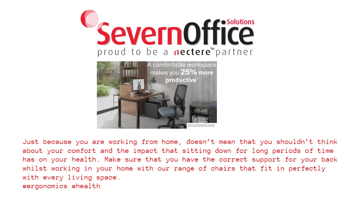 SevernOffice's tweet photo. A comfortable workspace makes you 25% more productive 👍 @PortHour @SwanseaHour @glhour @Exeter_Hour @BrumHour @Cardiff_Hour @Covhour @MidlandsHour @SMESupportHour @Spotlight_NPT @seenobounds @uddrservices 

#fridaymorning #workfromhomelife #Friyay https://t.co/FBpsX3giXm