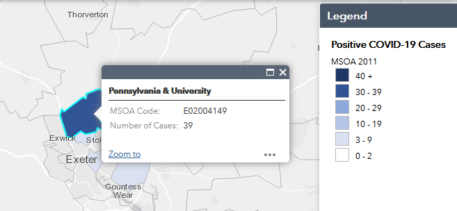 We can see apparent outbreaks at other universities. Here's the location of  @UniofExeter (21-27 September cases) - would be good to have a dashboard of cases.