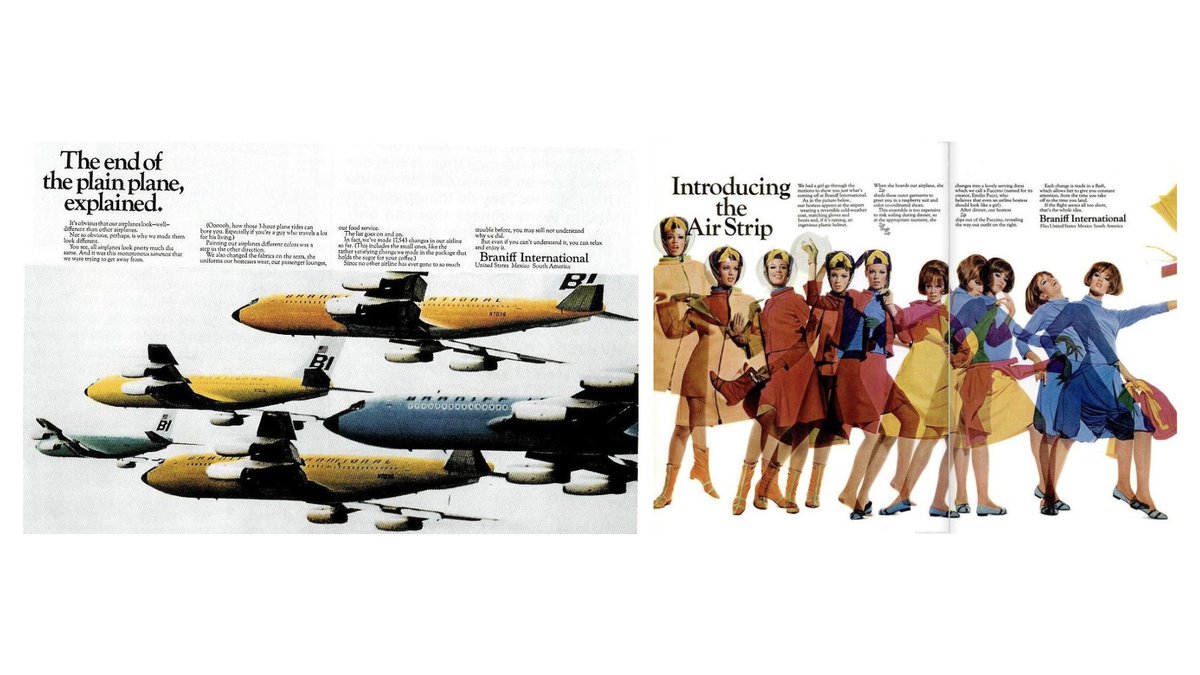 7) Wells was the woman that made flying sexy. Braniff was an unknown airline with good routes before Mary. She thought they needed more than just an ad to stand out. Mary decided to paint all of their planes in colourful ways, redesigned waiting areas and the crew's uniform.