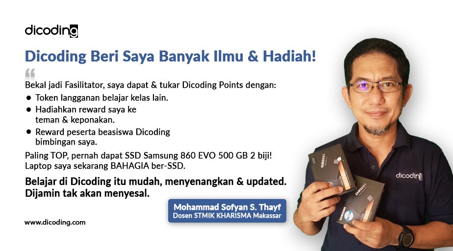 dicoding's tweet image. Bahagia sekali jadi siswa bimbingan Pak Sofyan 🤩
Tapi kamu gak usah juga, nunggu jadi siswa beliau demi hadiah SSD s.d. token belajar!
Usaha sendiri kuy! Ikuti
✅Pendaftaran Fasil di program mendatang
✅ Kompetisi #dicodingchallenge!
#dicodingrewards menarik menunggumu