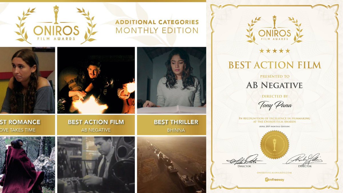 Among the many awards and nominations AB NEGATIVE received, we're particularly proud of the Best Action Film price awarded to Tony Pana and Anthony Reese at the <a href="/OnirosFilmAward/">Oniros Film Awards® - New York</a> - June 2019 edition!
Film on VOD: bit.ly/ABNonTubi
#SupportIndieFilm #FilmTwitter #movienight