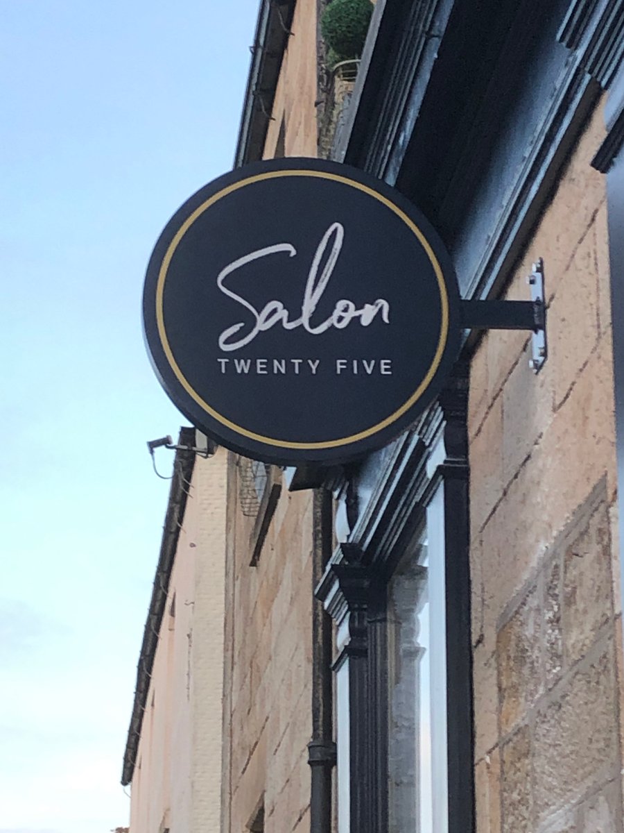 topsignsltd's tweet image. Fitting new #signage for Salon Twenty Five in #Haltwhistle. #projectingsign #windowgraphics #signtray #brushedgolddibond raised lettering. #signmaker #shopsign
