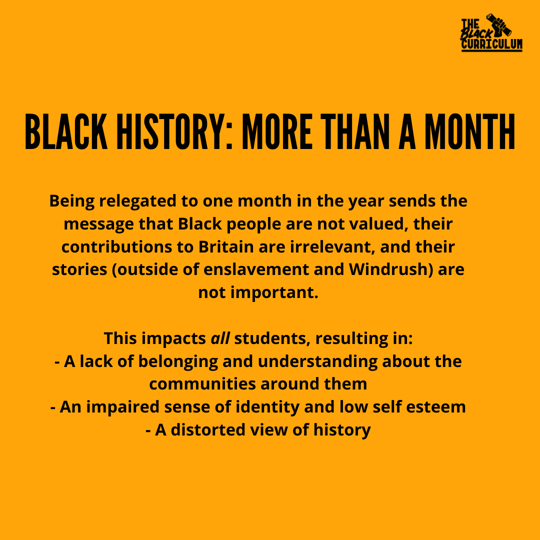 CurriculumBlack's tweet photo. We believe that now, more than ever, it is crucial that we #TBH365.

See below to learn more about why we advocate for the teaching of Black history all year round, and not just in October!

What does #BlackHistoryMonth mean to you? Let us know 💡 https://t.co/Iqg1bejKKh