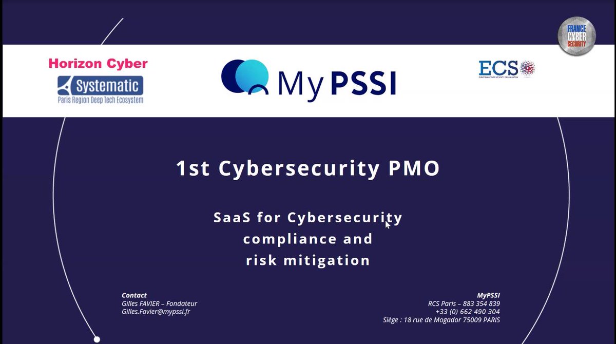 Pole_Systematic's tweet photo. 🛡️#HorizonCyber 2020 @Pole_Systematic 
#Cyber Investor day Pitching session 👉
#MyPSSI @GilFavier
👉The solution to drive and track your #cybersecurity #Compliance and to manage risk mitigation. https://t.co/2YmNrYagfJ