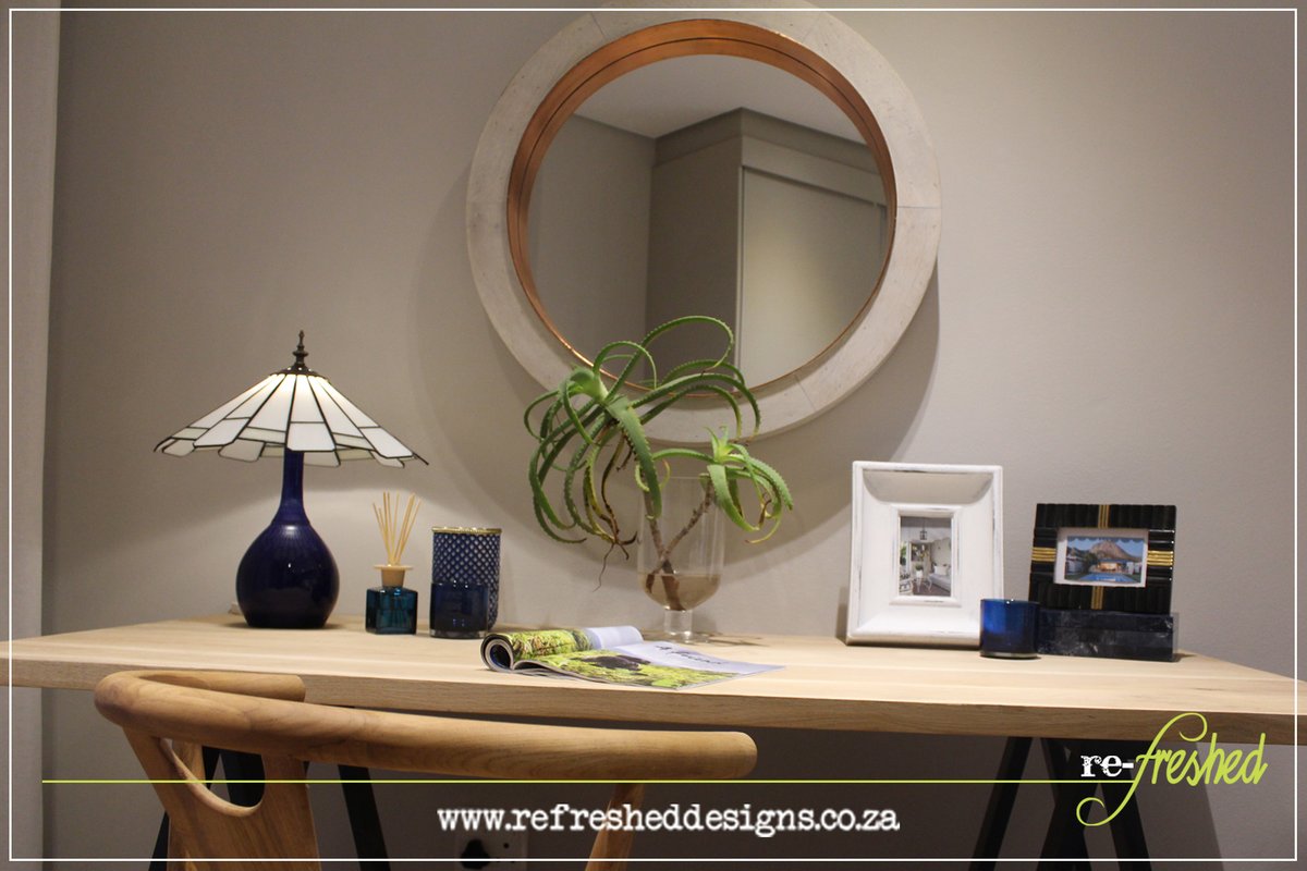 RefreshedDurban's tweet photo. Give me this desk for the day please! Perfect space for a bedroom... 
.
.
.
#refresheddesigns #refreshedstore #interiordesign #interiordecorating #design #furniture #decor #deskspace #bedroom #prettyroom #oakdesk #stainedglasslamp #roundmirror https://t.co/s8VfbflbVH