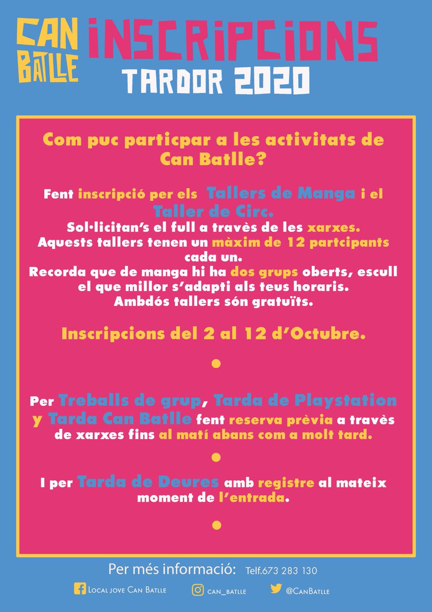 AjuntamentPLF's tweet photo. 😊 El casal de Joves de @CanBatlle reprèn l'activitat a partir de dilluns 5 d'octubre! 👇🏻
📲 Consulta totes les condicions d'obertura, com t'has d'inscriure i les activitats i horaris: https://t.co/hMjM3Tga0F
#JovesPLF https://t.co/lQaZ5dX12o
