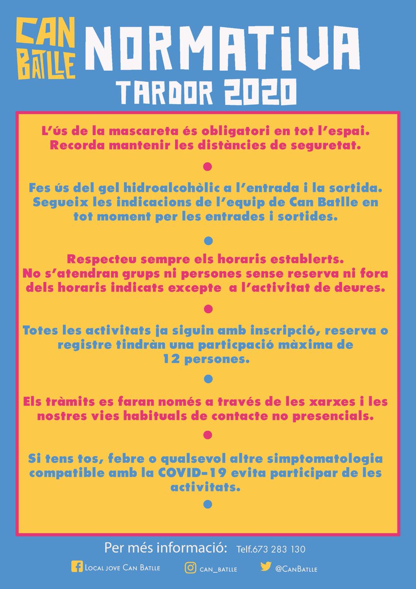 AjuntamentPLF's tweet photo. 😊 El casal de Joves de @CanBatlle reprèn l'activitat a partir de dilluns 5 d'octubre! 👇🏻
📲 Consulta totes les condicions d'obertura, com t'has d'inscriure i les activitats i horaris: https://t.co/hMjM3Tga0F
#JovesPLF https://t.co/lQaZ5dX12o