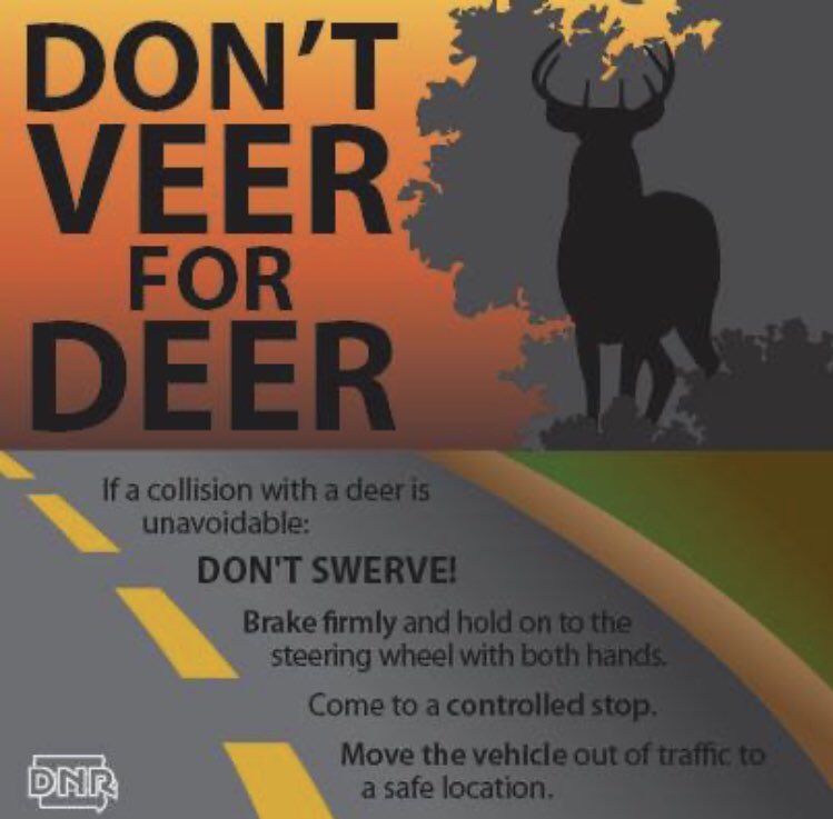 ISPEvansville's tweet photo. Last year more than 16,300 crashes involving 🦌 occurred on Indiana roadways. Remember...
▪️Deer are more active during dawn and dusk.
▪️If you see one deer, expect more.
▪️Use your high beam lights when allowed.
▪️Brake firmly, but stay in your lane.
▪️NEVER swerve to avoid a 🦌 https://t.co/n3rAuVqJdJ