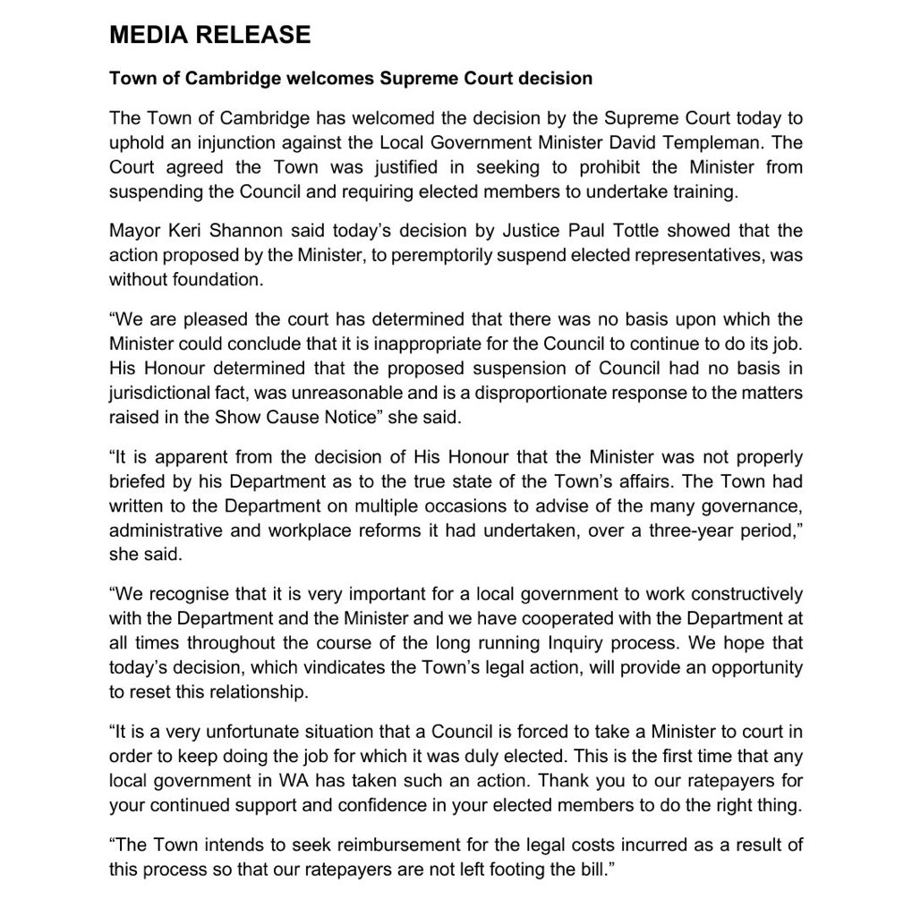 Congrats 2 the Town of Cambridge 4 their victory in the Supreme Court against the State Government.

local gov has restrictions in place that no other level has, more transparency and this outcome shows the local government minister massively over reached.

A common sense outcome