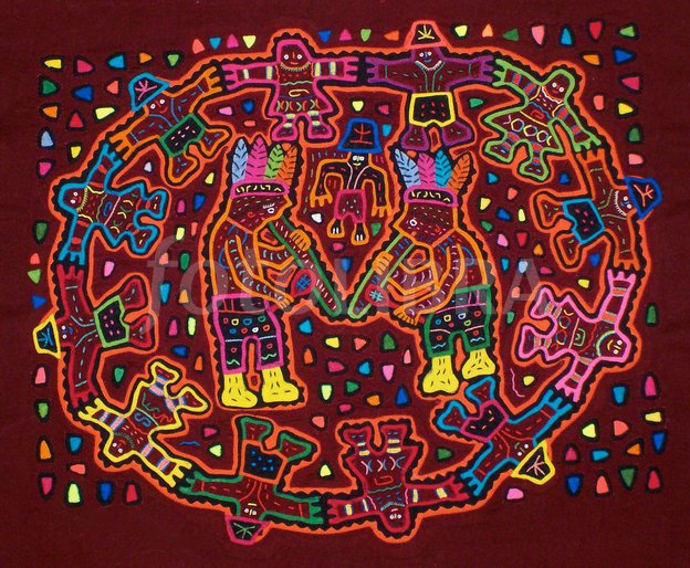 womensart1's tweet photo. Mola, traditional textile created by women of the Kuna people of Panama, depicting a Kuna celebration #womensart https://t.co/COX6kGLM4I