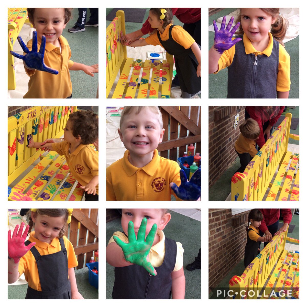FRISroom3's tweet image. Decorating our Reception friendship bench and loving having messy hands too! #eyfsfun