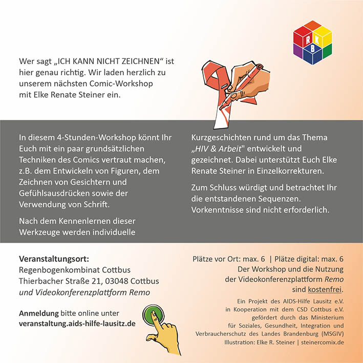 Comic-Workshop "HIV &amp; Arbeit" im Regenbogenkombinat Cottbus mit der AIDS-Hilfe Lausitz e.V. Termin: Freitag, den 9.10.2020, Teilnehme online und offline. Info und Anmeldung hier: aids-hilfe-lausitz.de