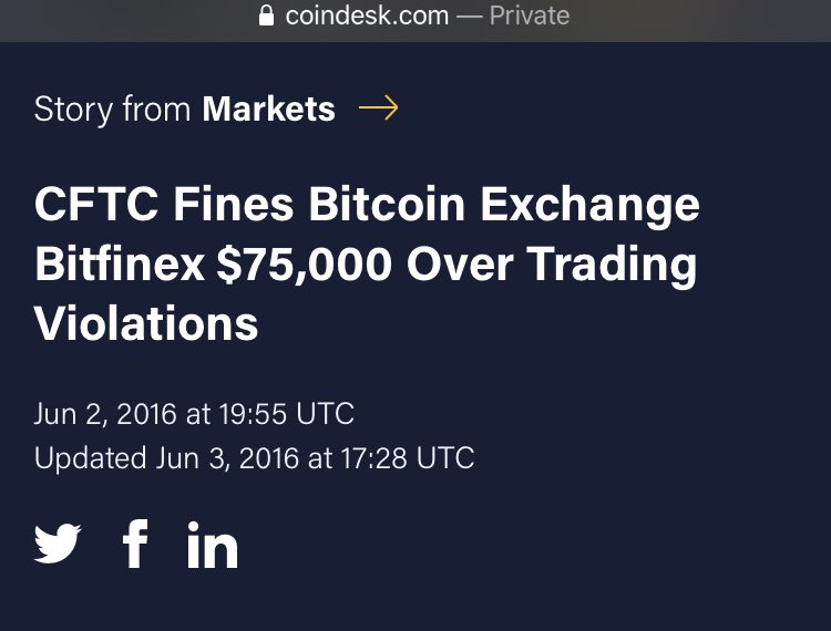 A few years back, but on the other end of the spectrum (hard to believe maybe) is  @bitfinex. Cooperated with the CFTC, slapped with 75k USD fine. This contrasts so greatly with the big hole CFTC looks like it’s digging for  @BitMEX.