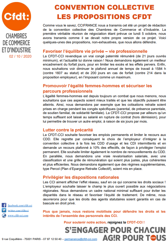 cfdtcci's tweet photo. Convention Collective des #CCI  : @ccifrance nous a transmis cet été un projet de rédaction de CCN. La 1ère véritable réunion de négociation étant prévue ce 5 oct, nous avons transmis comme il se devait notre version. Voilà quelque unes des propositions de la #CFDT parmi d'autres https://t.co/hcGMu9pcF9