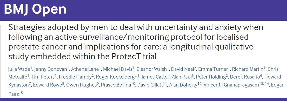 New paper from <a href="/JuliaWadeBris/">Julia Wade</a> and colleagues in the ProtecT trial giving insight into men’s strategies for dealing with uncertainty and anxiety when following a surveillance strategy for localized prostate cancer.
bmjopen.bmj.com/content/10/9/e…