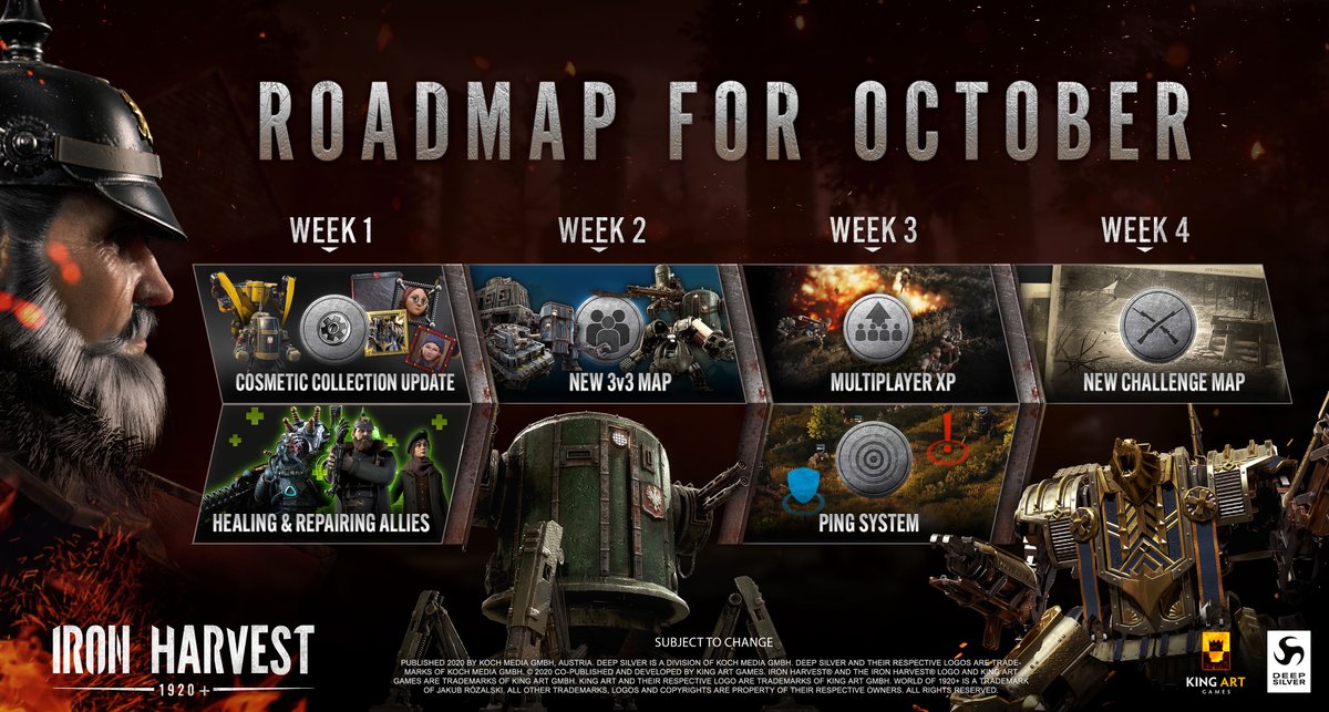PLAION_DACH's tweet photo. Die #IronHarvest - #Roapmap ist da! Da kann Euch selbst ein #Spooktober nicht mehr schocken - jede Woche Action & RTS!
#Mechtastic
#Mechsome
//cc @KingArtGames @KochMedia_HQ @deepsilver https://t.co/w36VF7kTC3