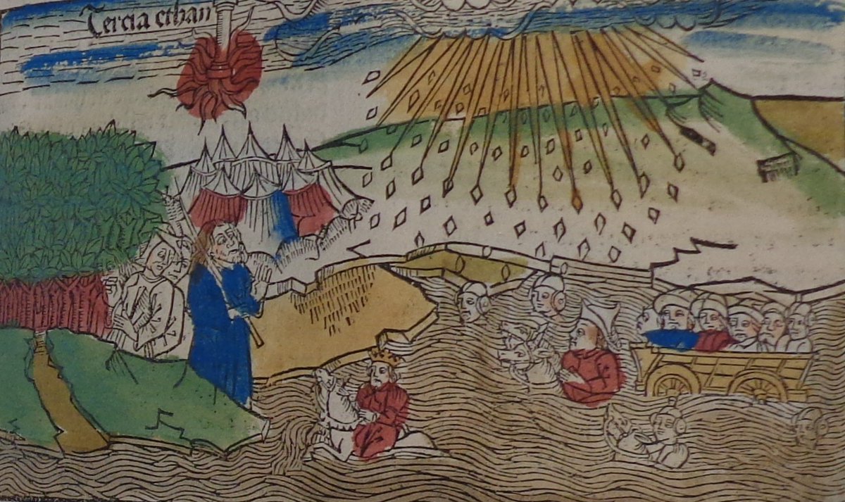 The Israelites having escaped safely to the other side, God instructs Moses to close up the waters and stop Pharaoh with his chariots and cavalry pursuing them in Exodus chapter 14. Medieval Woodcut of 1475 (WCL Inc.13)