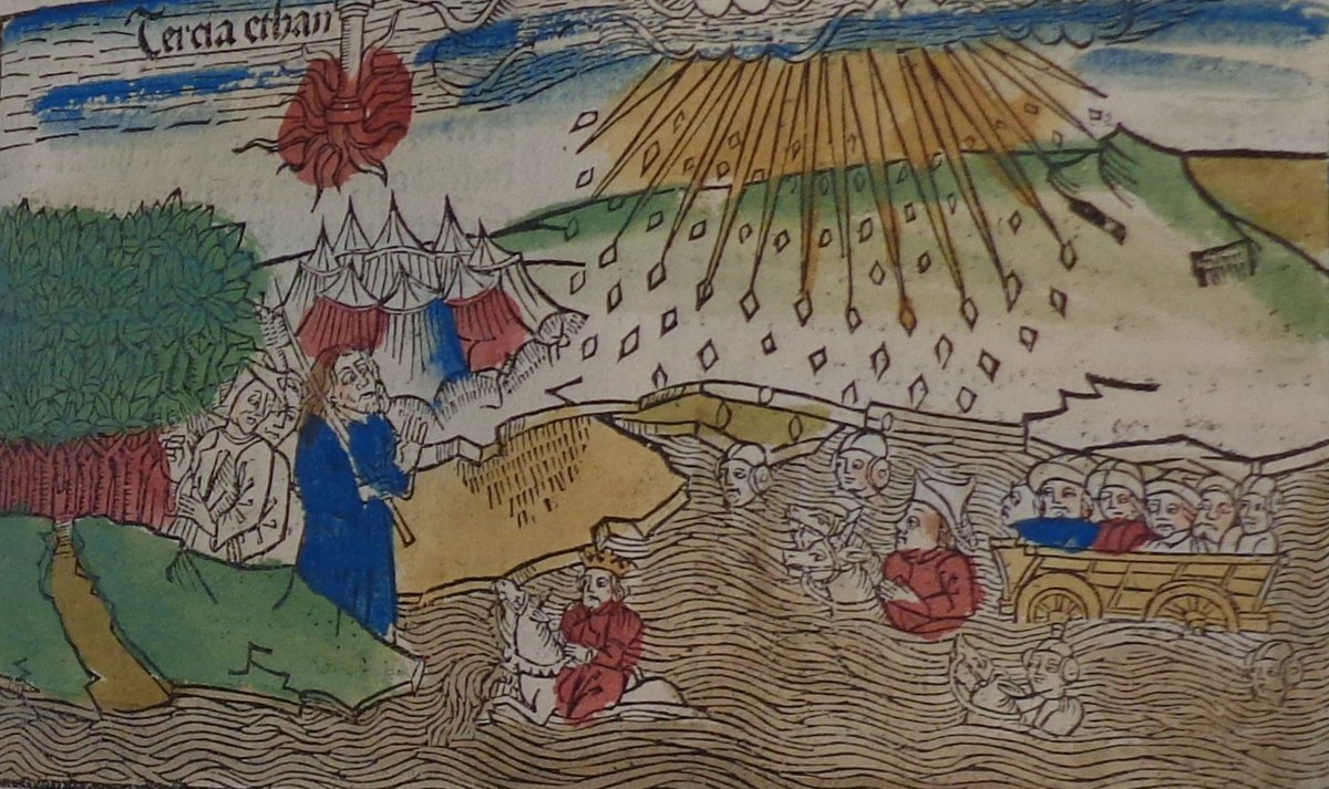 WorCathLibrary's tweet photo. The Israelites having escaped safely to the other side, God instructs Moses to close up the waters and stop Pharaoh with his chariots and cavalry pursuing them in Exodus chapter 14. Medieval Woodcut of 1475 (WCL Inc.13) https://t.co/DzygW9vUwO