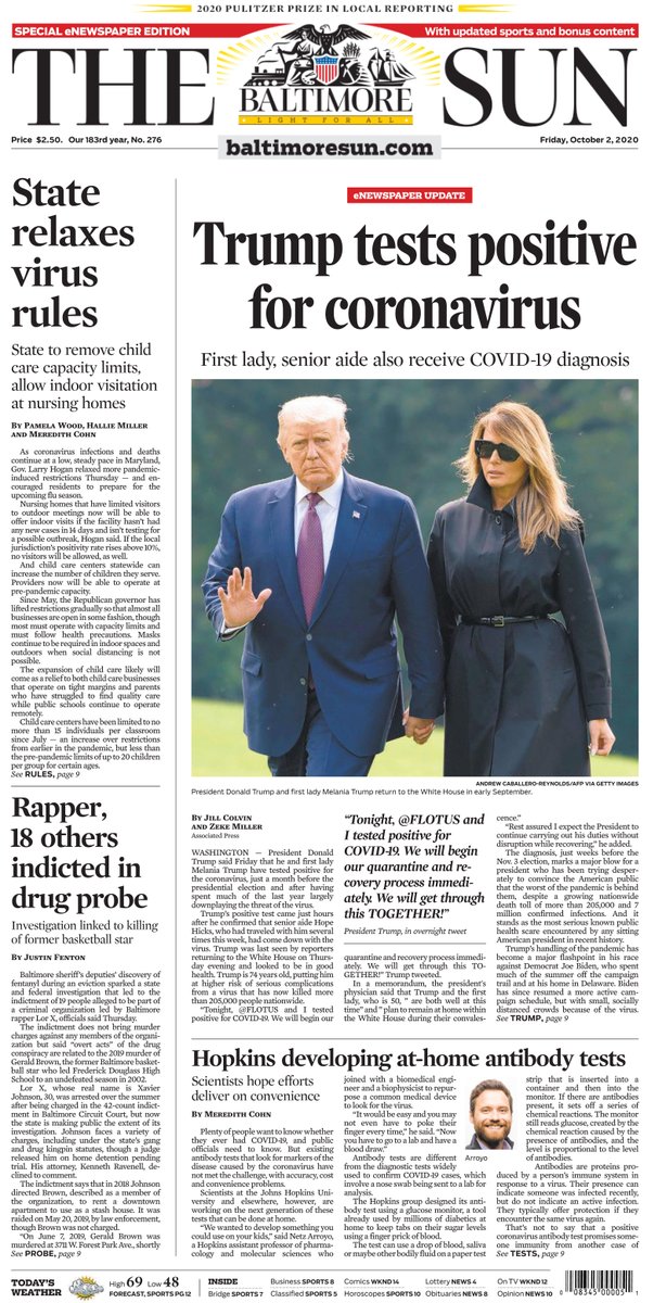 baltimoresun's tweet photo. Today's eNewspaper: Trump tests  positive for coronavirus. Read more here: https://t.co/43YpHBIZJ2 https://t.co/NzM2nST9md